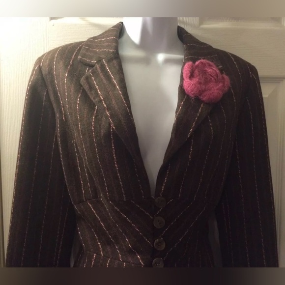 J.JILL Espresso Brown Wool Blends Blazer Pink Striped Flower Rosette Appliqué - Picture 5 of 10